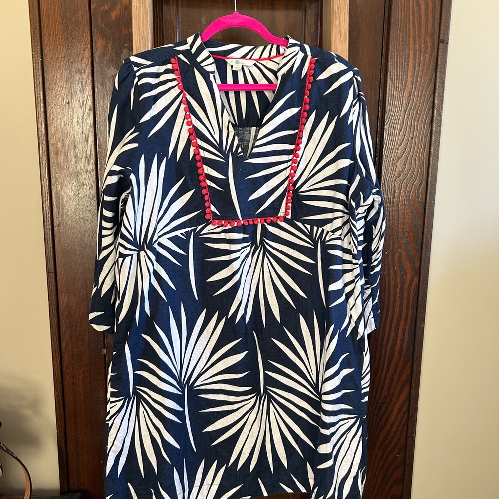 Boden linen Navy cover up/summer dress w/ white Palm Print & red pom pom trim